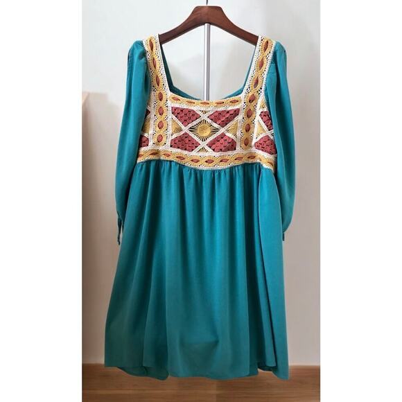 Cato Boho Blue Crochet Square Neckline Dress Split 3/4 Sleeves  Hippie Size XL - Picture 1 of 6